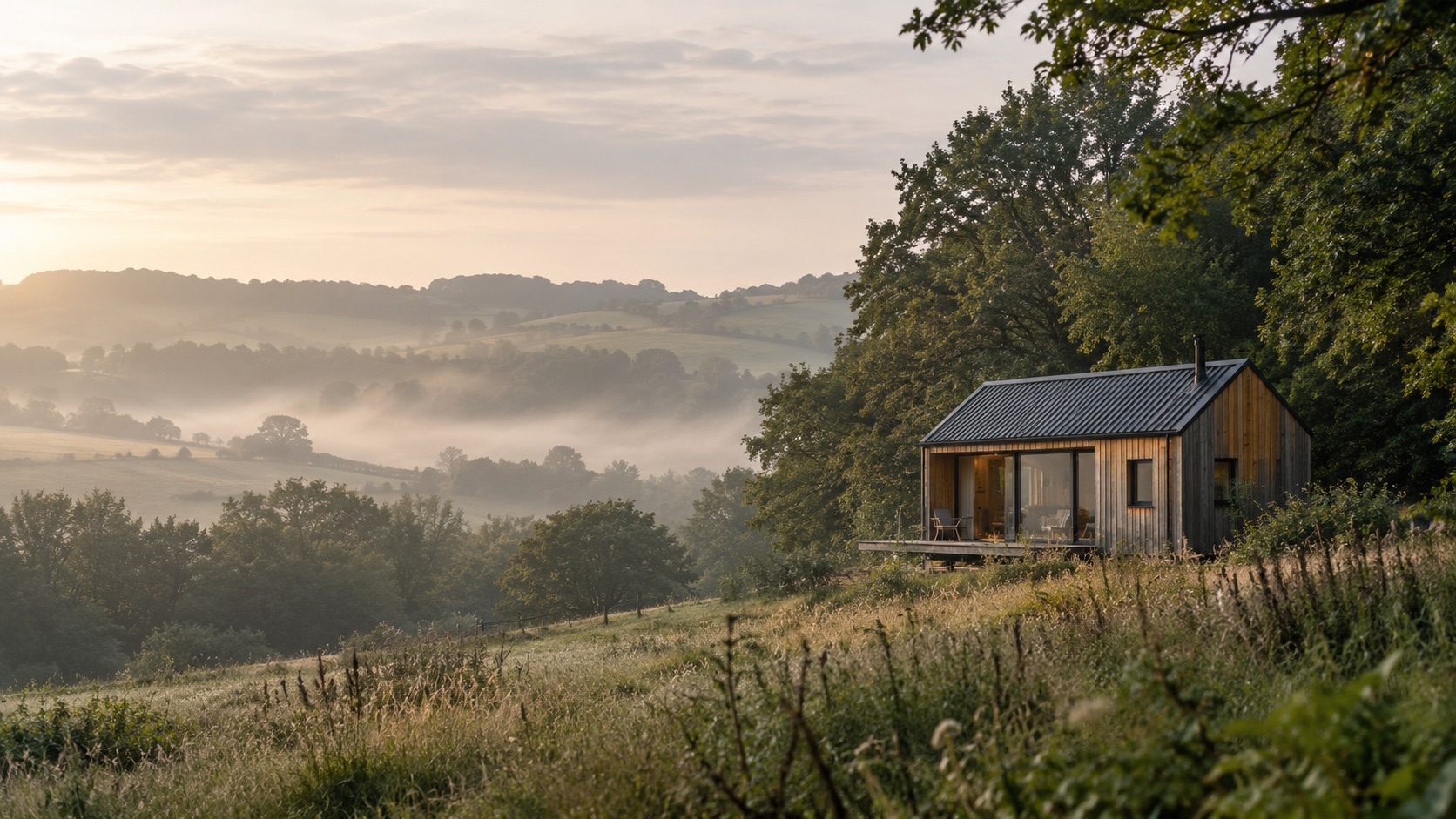 Concept image of a secluded timber cabin set among meadow and trees at dawn